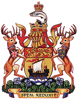 A drawing of the New Brunswick coat of arms. There is a crest featuring a boat and a lion, with a deer standing on its hind legs on each side of the crest and a fish above.
