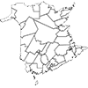 A map of New Brunswick with lines marking the provincial electoral districts.